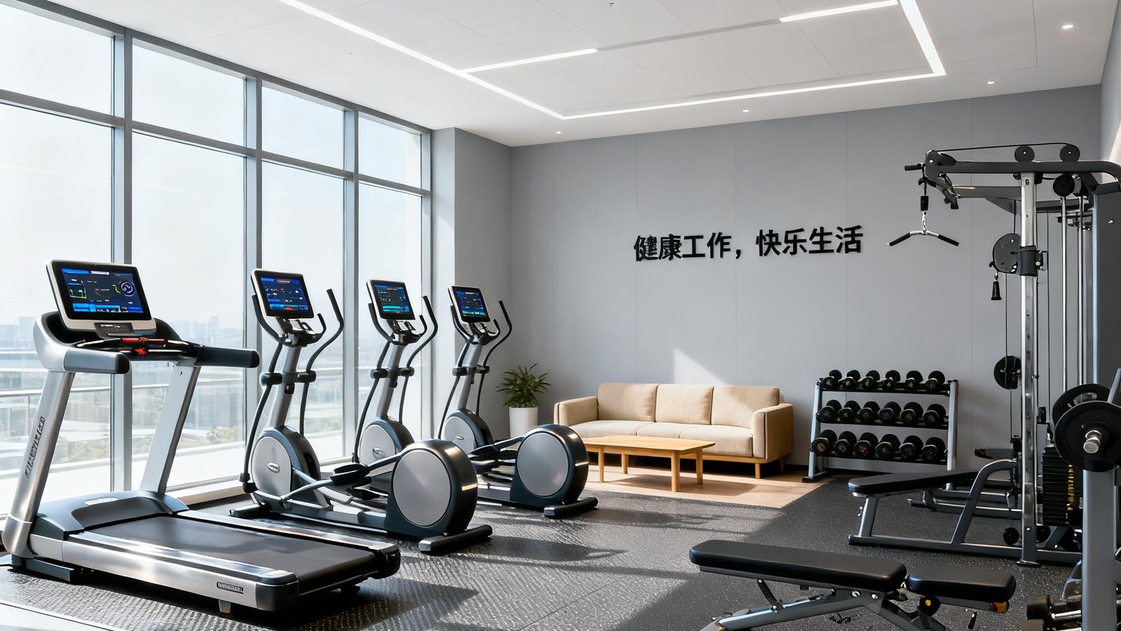企业员工健身房建设案例文章配图，展示一家科技公司新落成的员工健身区。